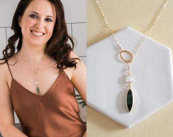 Emerald and Moonstone Lariat, Long Emerald Necklace, Moonstone Y Style Necklace, Gold Filled Emerald Lariat, Emerald Jewelry,No Clasp Lariat