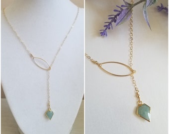 Aquamarine Necklace, Gold Aquamarine Y Necklace, Gemstone Lariat Necklace, Gold Lariat Necklace, Aquamarine Jewelry, Boho Stone Lariat