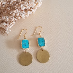 Turquoise Earrings, Gold Turquoise Dangle Earrings, Gold Hammered Earrings, Turquoise Jewelry, Handmade Turquoise Drop Earrings, Southwestern Earrings