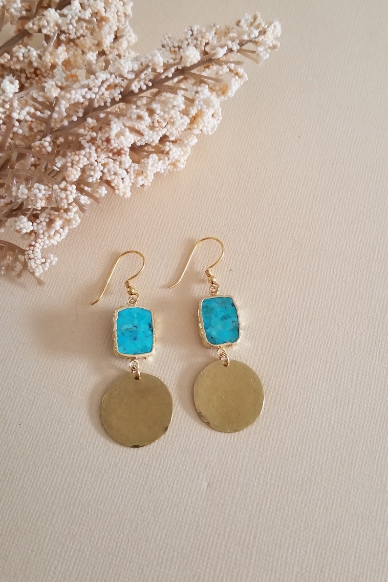 Turquoise Earrings, Gold Turquoise Dangle Earrings, Gold Hammered Earrings, Turquoise Jewelry, Handmade Turquoise Drop Earrings, Southwestern Earrings