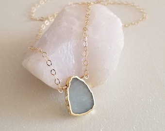 Aquamarine Necklace, Aquamarine Slice Pendant Necklace, March Pisces Birthday Gift for Her, Gold Teardrop Necklace, March Birthstone Jewelry