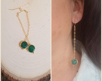 Raw Emerald Earrings, May Birthstone Jewelry, Gift for Her, Long Gold Earrings, Mothers Day Gift, Green Stone Earrings