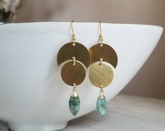 Emerald Earrings, Modern Geometric Earrings, Bohemian Dangle, Gold Gemstone Earrings, Boho Statement Earrings, Brass Earrings with Stone