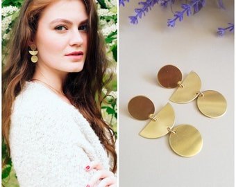 Modern Geometric Earrings, Raw Brass Earrings, Bohemian Earrings, Geometric Statement Earrings, Big Brass Earrings, Gold Dangle Earrings