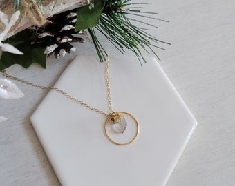 Raw Herkimer Diamond Necklace, Herkimer Crystal Pendant, Gold Circle Necklace, Raw Crystal Necklace, Gift for Her, Herkimer Diamond Jewelry