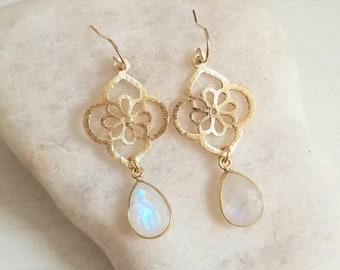 Moonstone Earrings, Brushed Gold Floral Earrings, Moonstone Dangle Earrings, Gift for Her,  Gemstone Teardrop Earrings, Wedding Earrings