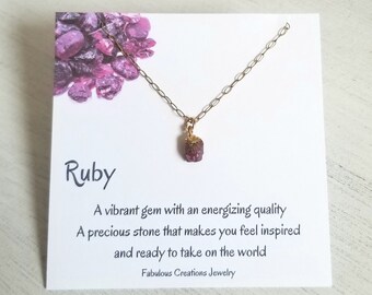 Raw Ruby Necklace, July Birthstone, Gift for Her, Thin Gold Gemstone Necklace, July Birthday Gift, Dainty Layering Necklace