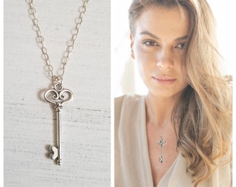 Key Necklace, Sterling Silver Key Charm Necklace, Gift for Her, Symbolic Jewelry, Layering Necklace, Scroll Key