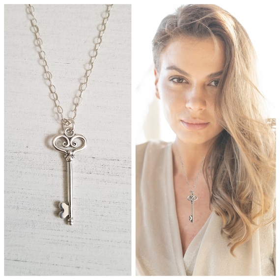 Key Necklace Sterling Silver Key Charm Necklace Gift for Etsy