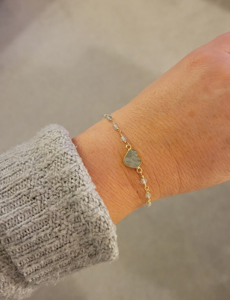 Aquamarine Bracelet, Dainty Heart Bracelet, Boho Gemstone Beaded Bracelet, Heart Jewelry, Dainty Aquamarine Bracelet, Rosary Chain Bracelet