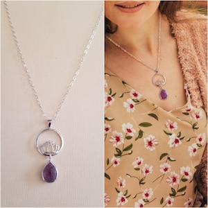 Amethyst Pendant Necklace, Silver Lotus Necklace, Inspirational Gift, Lotus Flower Pendant, February Birthstone, Gift for Best Friend