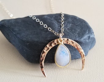 Gold Moon Pendant Necklace, Moonstone Necklace, Celestial Jewelry, Crescent Moon Necklace, Gift for Her, Spiritual Crystal Jewelry