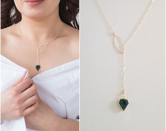 Gold Emerald Lariat, Raw Gemstone Y Necklace, Aquamarine Lariat Necklace, May Birthstone, Emerald Necklace, Gift for Her, Gold Filled