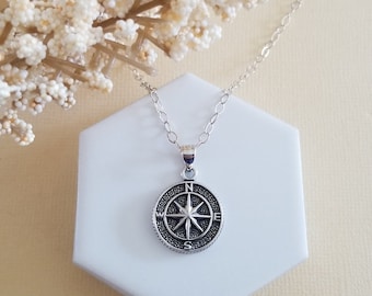 Sterling Silver Compass Necklace, Dainty Coordinate Necklace, North Star Necklace, Compass Medallion Necklace, Gift for Her, Compass Pendant