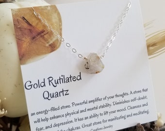 Rutilated Quartz Necklace, Small Gold Rutilated Quartz Pendant, Gold Quartz Necklace, Dainty Stone Necklace, High Energy Crystal Necklace