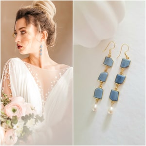 Blue Opal Earrings, Bride Earrings, Long Gold Blue Opal and Pearl Earrings, Something Blue, Wedding Day Earrings, Statement Earrings