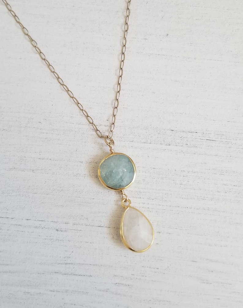 Gold Aquamarine and Moonstone Pendant Necklace Dainty Etsy