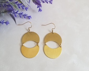 Crescent Moon Earrings, Geometric Brass Earrings, Modern Dangle Earrings, Raw Brass Earrings, Bohemian Statement Earrings, Gift for Her