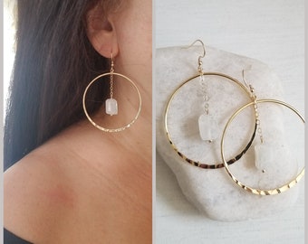 Raw Moonstone Crystal Gold Hoop Earrings, Gemstone Bohemian Jewelry, Boho Hoops, Everyday Jewelry for Women