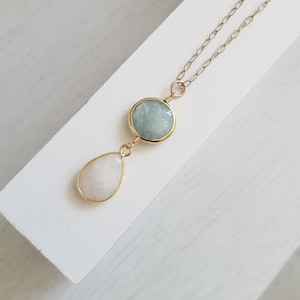 Gold Aquamarine and Moonstone Pendant Necklace, Dainty Statement Necklace, March Birthstone Necklace, Gold Filled Chain Necklace