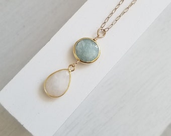 Gold Aquamarine and Moonstone Pendant Necklace, Dainty Statement Necklace, March Birthstone Necklace, Gold Filled Chain Necklace