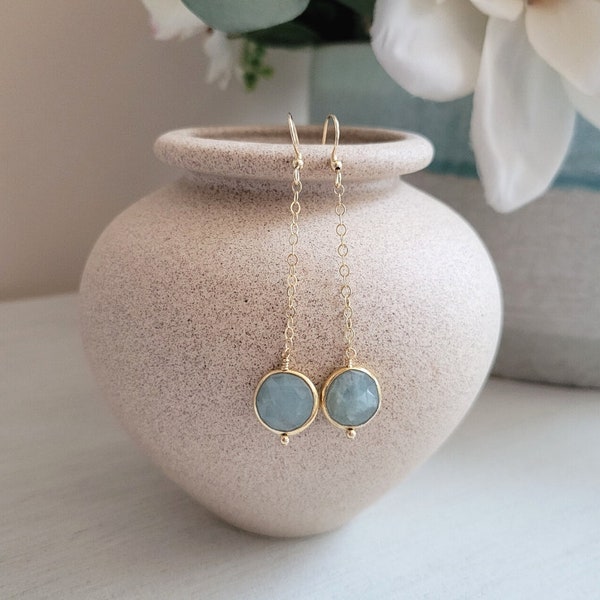 Long Gold Aquamarine Earrings, Boho Style Jewelry, March Birthstone, Gift for Her, Gold Filled Dangle Earrings, Dainty Statement Earrings