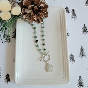 Emerald and Moonstone Necklace, Front Toggle Necklace, Boho Beaded Necklace, Moonstone Teardrop, Emerald Beaded Chain Necklace, Gift for Her