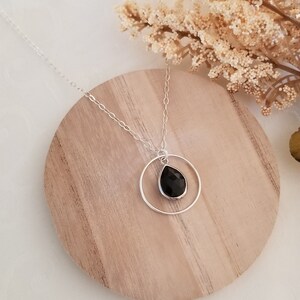 Onyx Necklace, Black Onyx Pendant, Sterling Silver Circle Pendant Necklace, Gemstone Necklace, Black Stone Necklace, Gift for Her