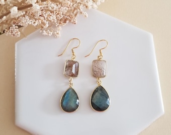 Copper Rutilated Quartz and Labradorite Earrings, Teardrop Dangle Earrings, Gemstone Statement Earrings, Handmade Boho Earrings