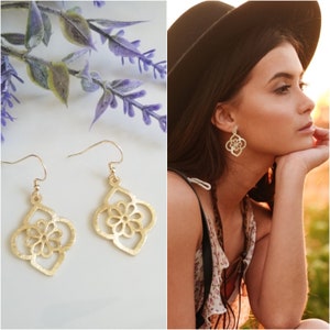 Bohemian Gold Medallion Earrings, Brushed Gold Earrings, Floral Design Earrings, Gift for Her, Boho Earrings, Gold Flower Earrings
