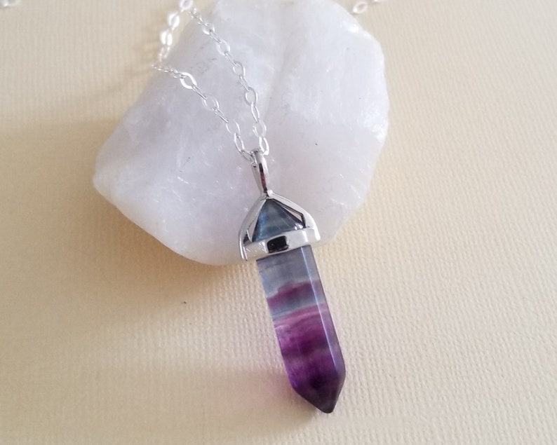 Fluorite Necklace, Banded Fluorite Pendant Necklace, Boho Stone Necklace, One of a Kind Gemstone Necklace, Gift for Her, Sterling Silver Stripped Fluorite Stone Necklace