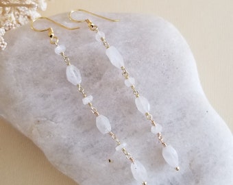 Gold Moonstone Earrings, Long Gold Chain Earrings, Gift for Her, Light Weight Gemstone Earrings, Energy Crystal, Moonstone Dangle Earrings