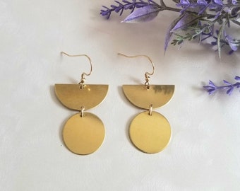 Geometric Earrings, Brass Half Moon Earrings, Boho Earrings, Everyday Statement Earrings, Gold Dangle Earrings, Gift for Her