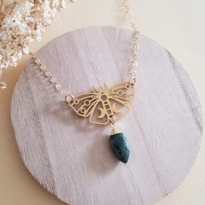 Luna Moth Pendant Necklace, Raw Emerald Necklace, Transformation Jewelry, Moth Moon Charm Necklace, Gift for Her, Gold Moth Necklace