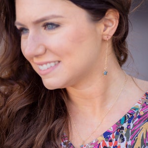 Gold Stars Earrings, Aquamarine Earrings, Dangle Star Earrings, Tiny Star Long Drop Earrings, Gold Chain Earrings