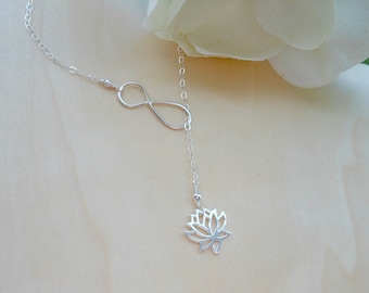 Dainty Lotus Necklace, Infinity Lariat, Silver Lariat, Gifts for Women, Y Necklace, Sterling Silver Infinity, Sister Gift, Silver Lariat