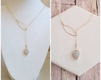 Raw Moonstone Necklace, Moonstone Y Necklace, Gemstone Lariat Necklace, Gold Lariat, Rainbow Moonstone Jewelry, Gift for Her