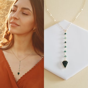 Emerald Necklace, Emerald Pendant Necklace, Long Center Drop Necklace, May Birthstone, Gold Emerald Y Necklace, Boho Beaded Necklace