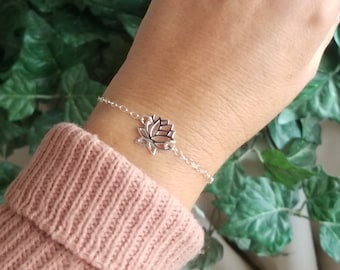 Lotus Flower Bracelet Sterling Silver, Dainty Silver Bracelet, Lotus Flower Jewelry, Thin Silver Bracelet, Yoga Jewelry, Gift for Her