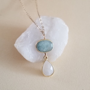 Aquamarine and Moonstone Necklace, Gold Aquamarine Pendant, Dainty Gold Chain, March Birthstone, Gift for Her, Moonstone Teardrop Pendant