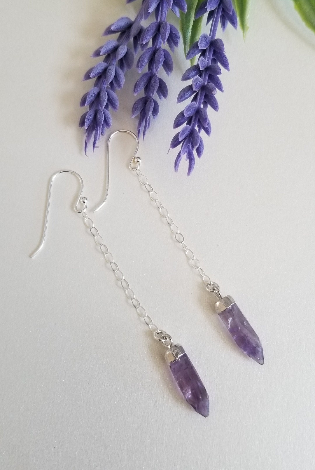 Amethyst Earrings, Amethyst Crystal Earrings, Long Chain Earrings With