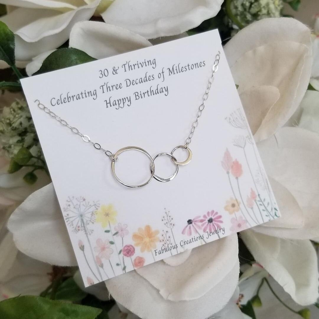30th Birthday Gift Necklace, Three Interlocking Rings Necklace