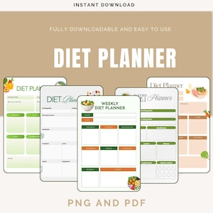 May include: A collection of digital diet planner templates. The templates feature a weekly layout with sections for daily meals, exercise, and notes. The design incorporates green and orange accents, with the text "DIET PLANNER" prominently displayed.