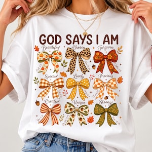 God Says I Am T-Shirt | Autumn Bow Pattern Christian Tee | Comfort Colors® Faith Scripture Shirt