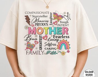 Mother Word Cloud T-Shirt | Floral Butterfly Rainbow Family Tee