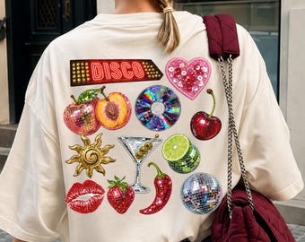 Retro Disco Fruit Icons T-Shirt | Cherry Peach Cocktail Graphic Tee
