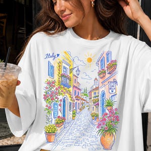 Mediterranean Street Scene T-Shirt | Italian Alley Graphic Tee | Comfort Colors® Italy Vacation Shirt image 1