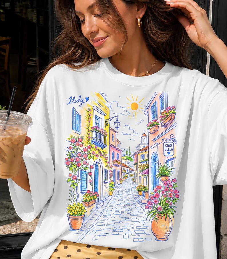 Mediterranean Street Scene T-Shirt | Italian Alley Graphic Tee | Comfort Colors® Italy Vacation Shirt image 1