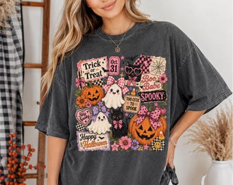 Camiseta con collage de Halloween / Camiseta con calabazas, fantasmas y gatos con letreros espeluznantes / Camiseta gráfica de Halloween Comfort Colors®