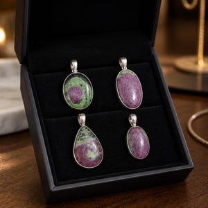 May include: Four gemstone pendants in a black jewellery box. The pendants have silver settings and feature oval and teardrop shapes. The gemstones are a mix of green and purple hues.